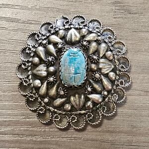 Vintage Egyptian Style Silver Brooch with Blue Carved Scarab